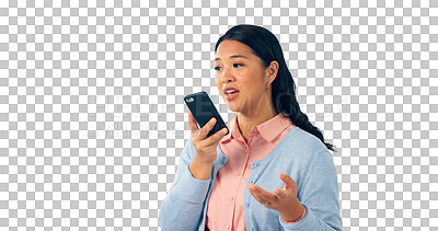 Buy stock photo Woman, phone call and speaker or audio communication for voice app or conversation, networking or sound. Asian person, mobile speech and isolated transparent png background, microphone or talking