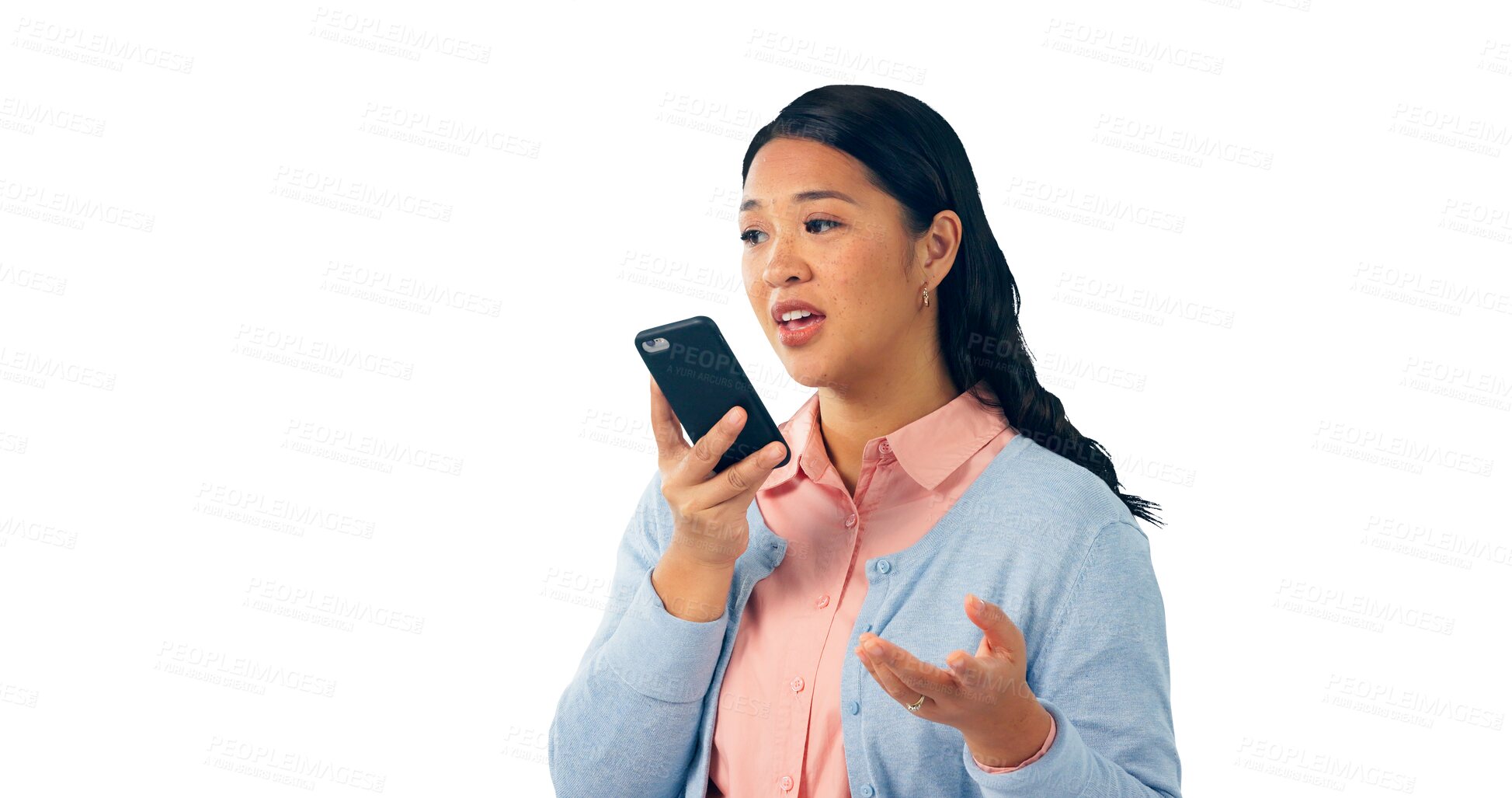 Buy stock photo Woman, phone call and speaker or audio communication for voice app or conversation, networking or sound. Asian person, mobile speech and isolated transparent png background, microphone or talking