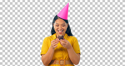 Buy stock photo Woman, laugh and party hat with cupcake for happy birthday, anniversary or engagement shower. Female person, pastry and big smile for joyful celebration on isolated transparent png background 