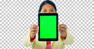 Buy stock photo Green screen, tablet and woman for social media, portrait and isolated on transparent png background. Digital, presentation and female person with mockup space, information and offer or announcement