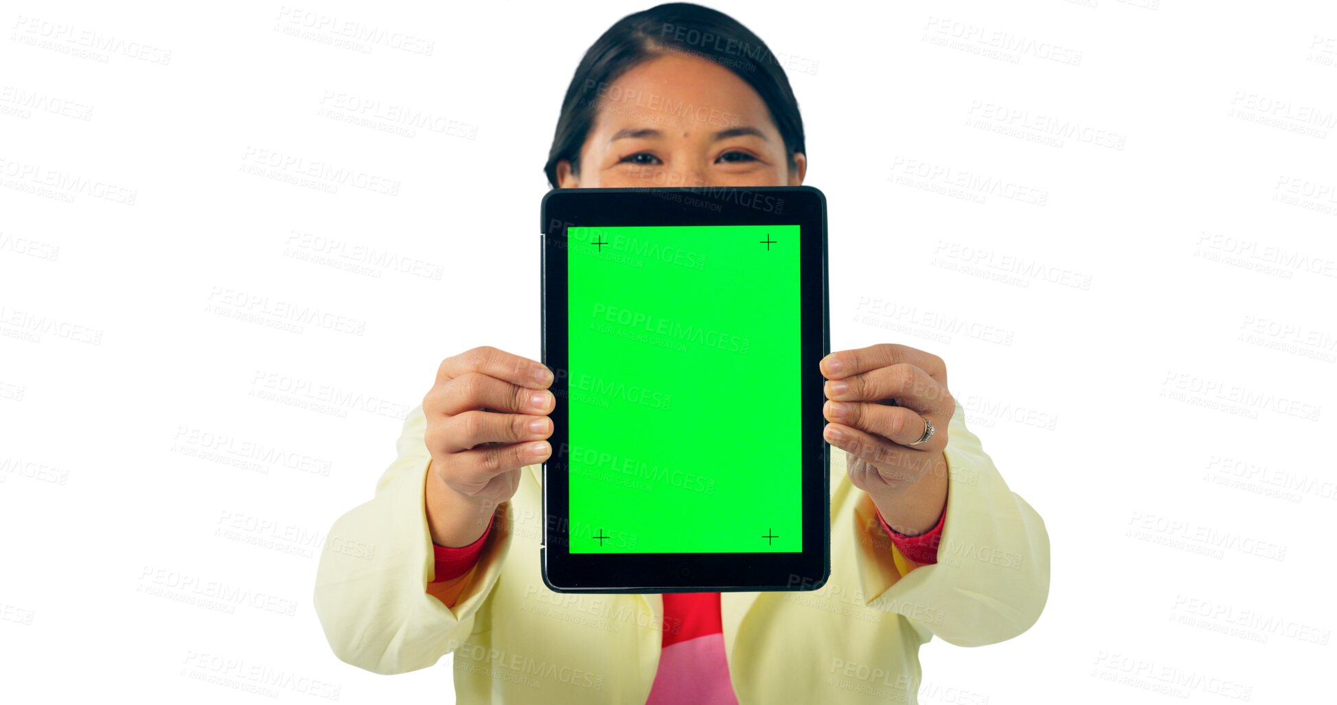 Buy stock photo Green screen, tablet and woman for social media, portrait and isolated on transparent png background. Digital, presentation and female person with mockup space, information and offer or announcement