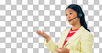 Business woman, call center and customer service, e commerce support or communication on studio banner. Professional asian consultant or agent talking with headphones for advice on a white background