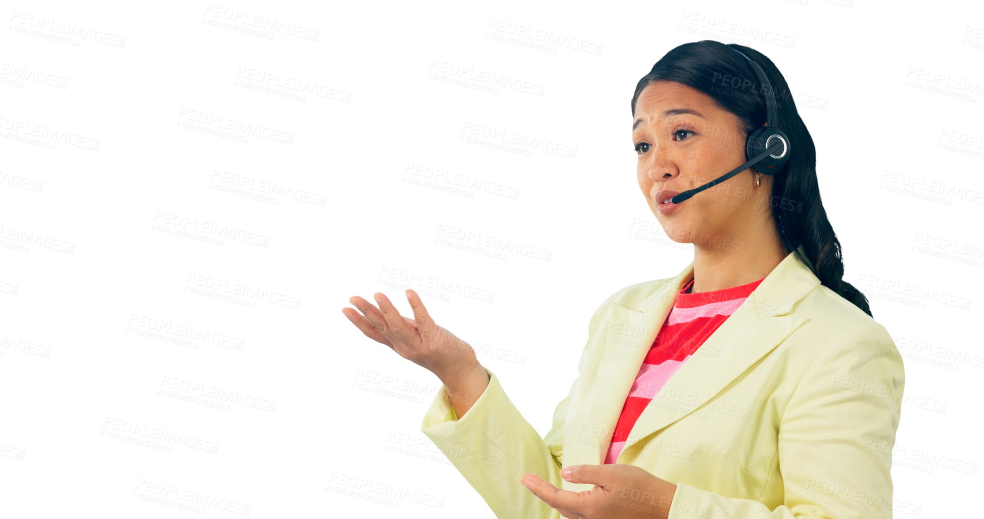 Buy stock photo Customer support, talking and business Asian woman for consulting service, contact and communication. Call center, telemarketing and person with headset on isolated, png and transparent background