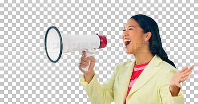 Buy stock photo Woman, megaphone and voice for announcement on isolated, transparent and png background. Happy, excited and Asian person with call to action, attention and noise for winner in success or promotion