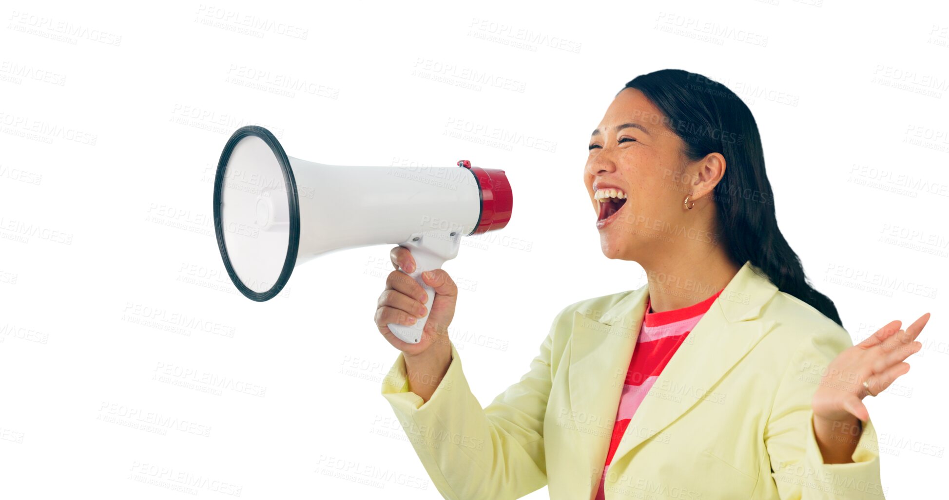 Buy stock photo Woman, megaphone and voice for announcement on isolated, transparent and png background. Happy, excited and Asian person with call to action, attention and noise for winner in success or promotion