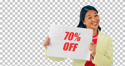 Buy stock photo Discount sign, portrait and happy Asian woman with promotion or sale isolated on a transparent png background. Smile, presentation and person with poster for good deal, shopping and advertising offer