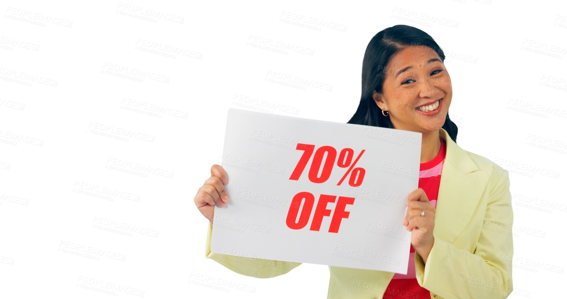 Buy stock photo Discount sign, portrait and happy Asian woman with promotion or sale isolated on a transparent png background. Smile, presentation and person with poster for good deal, shopping and advertising offer