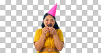 Birthday, party and an asian woman eating a cupcake in studio isolated on a transparent background for celebration. Smile, hat and a happy young person with a chocolate dessert or snack at an event