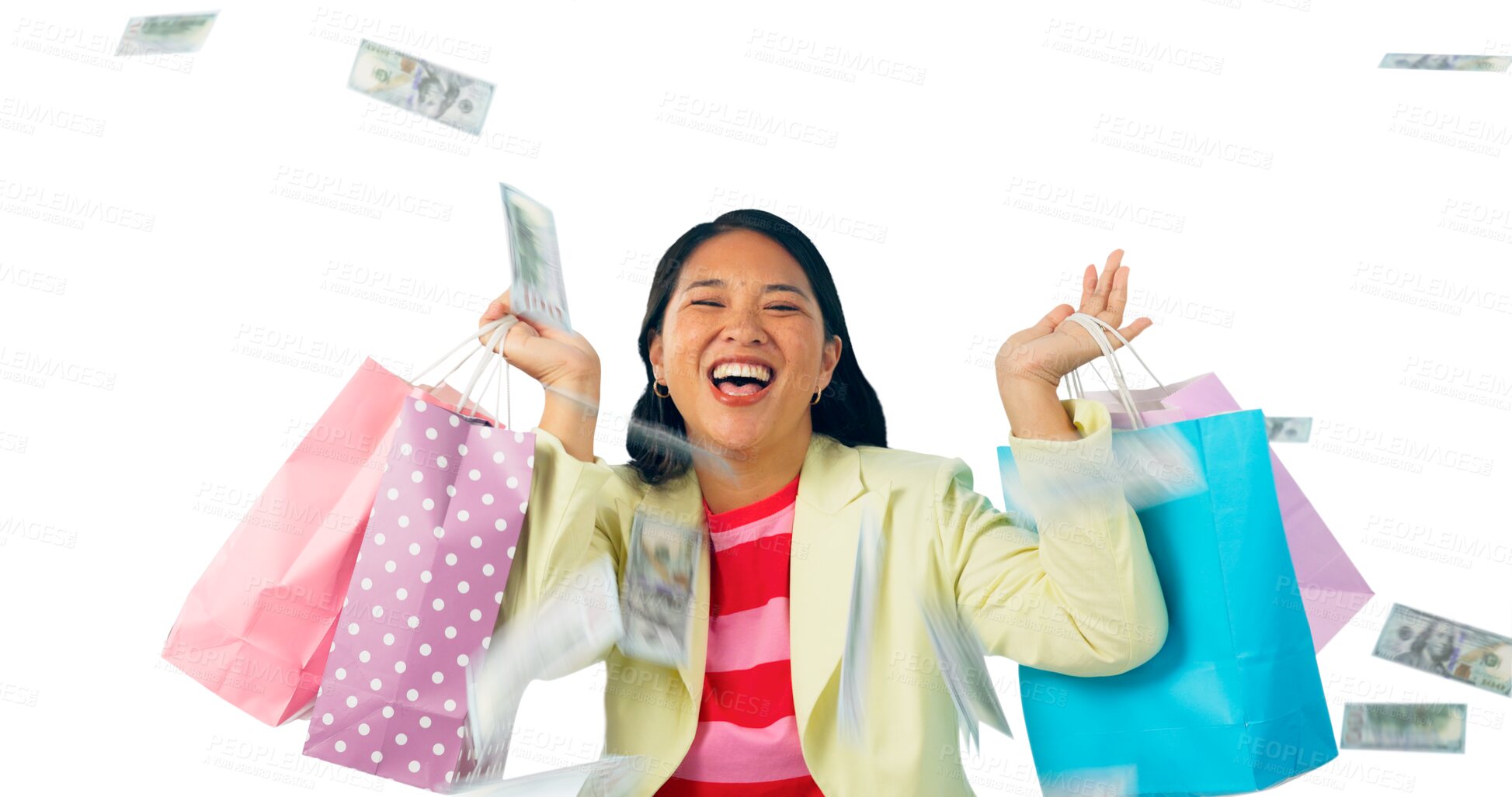 Buy stock photo Shopping bag, money rain and woman or winner celebration for giveaway, cash and competition success. Asian female person, dancing and lottery achievement or isolated on transparent png background