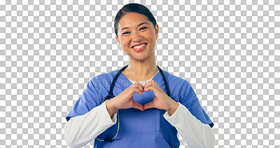 Buy stock photo Woman, portrait and nurse with heart hands for love in healthcare, isolated and transparent png background. Asian female person, kindness and cardiologist with empathy emoji, support and peace