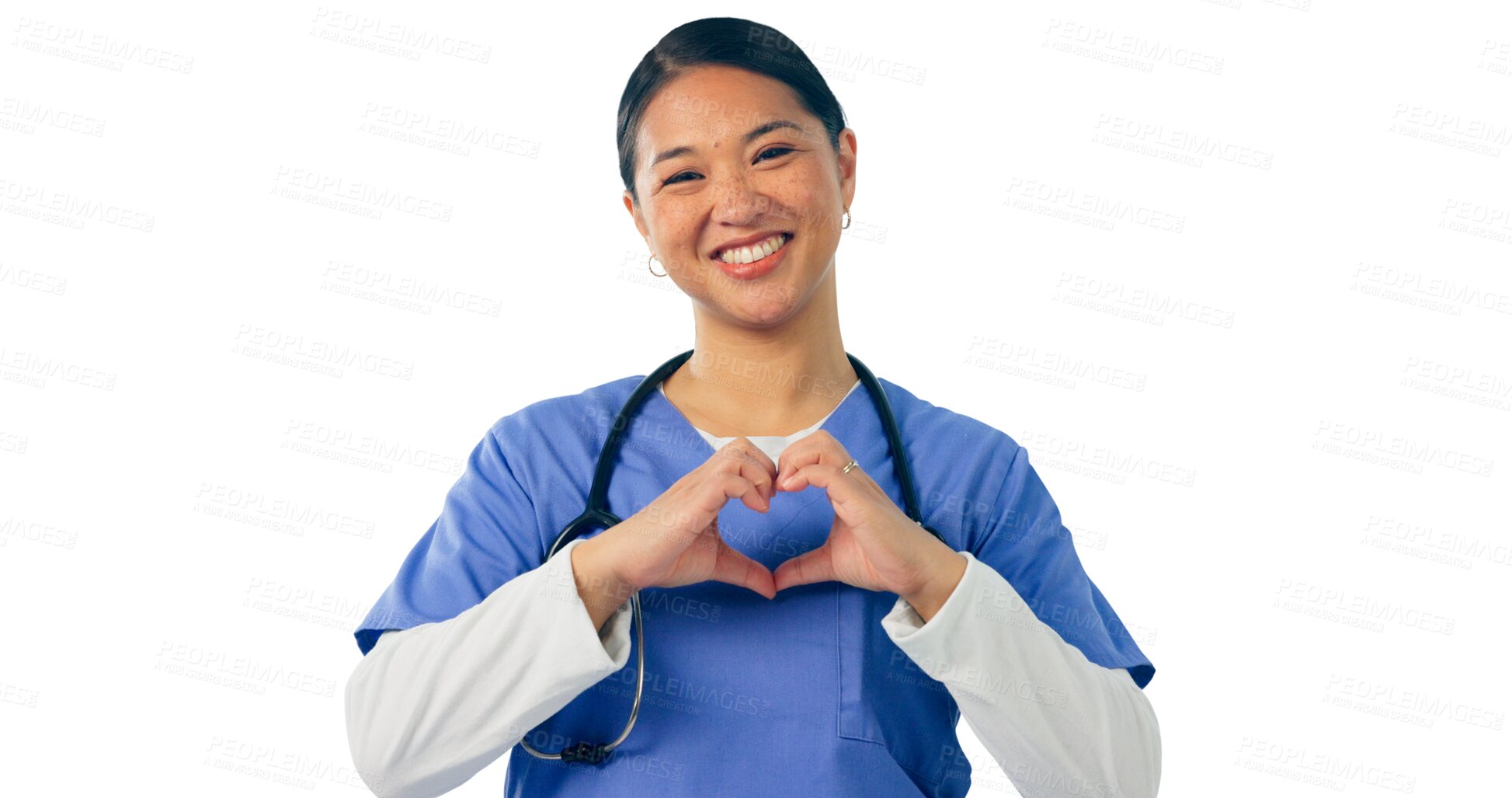 Buy stock photo Woman, portrait and nurse with heart hands for love in healthcare, isolated and transparent png background. Asian female person, kindness and cardiologist with empathy emoji, support and peace