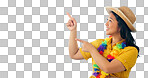 Travel, space and an asian woman on an Hawaii holiday in studio isolated on a white background for marketing. Smile, vacation and mockup with a happy young tourist showing an announce message