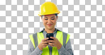 Engineering, woman and phone for construction chat, communication and project management in studio. Asian contractor or builder typing on mobile for architecture design update on a white background