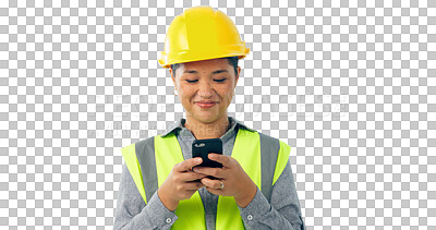 Buy stock photo Woman, construction and smile on smartphone for mobile app for break and browse internet on isolated, transparent png background. Social media, profile and comment with network for architecture post 