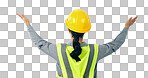 Back, engineer and woman in presentation for construction isolated on a white background. Rear view, architect and professional designer in helmet, building demonstration or advertising mockup space