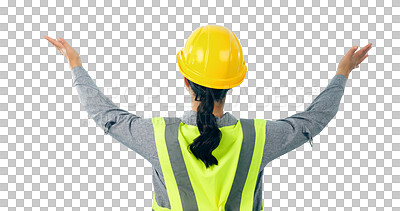 Buy stock photo Woman, engineer and back or construction presentation or building project or maintenance, architect or contractor. Person, handyman service and isolated transparent png background, review or show