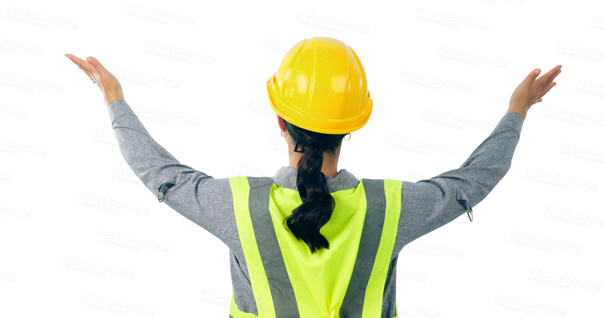 Buy stock photo Woman, engineer and back or construction presentation or building project or maintenance, architect or contractor. Person, handyman service and isolated transparent png background, review or show