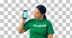 Woman, volunteer and phone screen of website presentation, donation information or sign up in studio. Person reading mobile app for NGO, volunteering or nonprofit space isolated on a white background