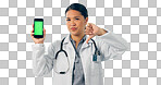 Doctor, thumbs down and phone green screen for healthcare mistake, bad results and nope mockup in studio. Portrait of medical woman with mobile and wrong, fail or dislike isolated on white background