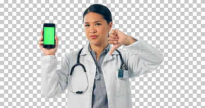 Buy stock photo Doctor, thumbs down and phone green screen for healthcare mistake, bad results and nope. Portrait of medical woman with mobile and wrong, fail or dislike isolated on transparent png background