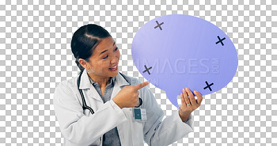 Buy stock photo Doctor, woman and pointing at speech bubble for communication and social media on png transparent background. Feedback, chat and dialogue with isolated, tracking markers and FAQ for healthcare