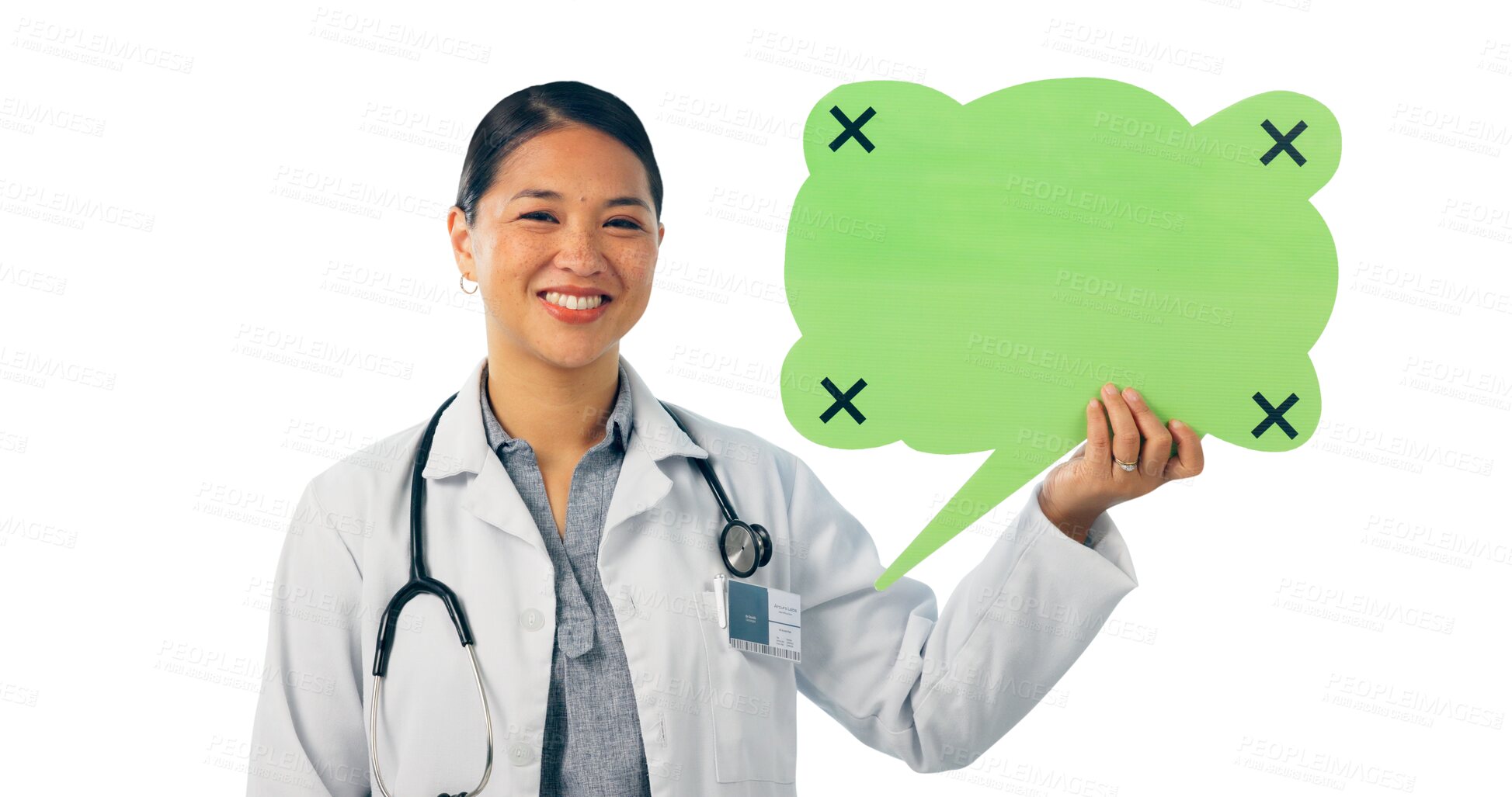 Buy stock photo Doctor, smile and speech bubble for healthcare advice, medical FAQ or public service announcement. Portrait, female physician and text balloon for communication on isolated transparent png background