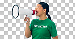 Woman, volunteer voice and megaphone for support, announcement and call to action or join us in studio. Asian person volunteering and freedom of speech for change or NGO isolated on white background