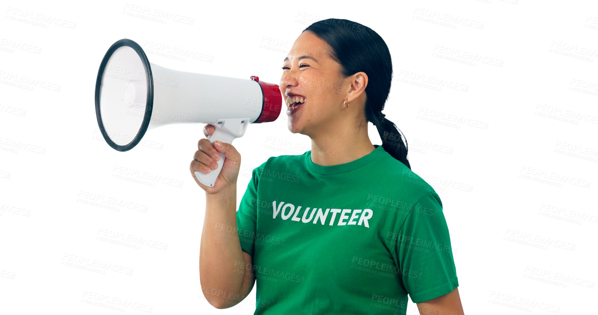 Buy stock photo Volunteer, voice and Asian woman with megaphone for support, announcement and call to action. Charity and person for change, freedom of speech or join us on isolated, png and transparent background