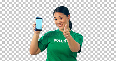 Buy stock photo Woman, thumbs up and phone screen mockup with volunteer in portrait isolated on png transparent background. Advertising charity, environment and NGO sign up or subscription, ads and tracking markers