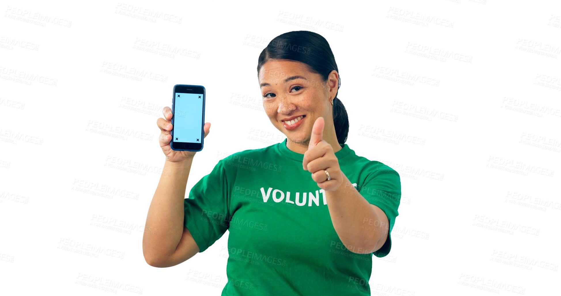 Buy stock photo Woman, thumbs up and phone screen mockup with volunteer in portrait isolated on png transparent background. Advertising charity, environment and NGO sign up or subscription, ads and tracking markers