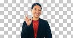 Ok, hands and portrait of business woman in studio for vote, review and feedback on white background. Happy asian worker show okay for success, agreement and sign of support, yes emoji and excellence