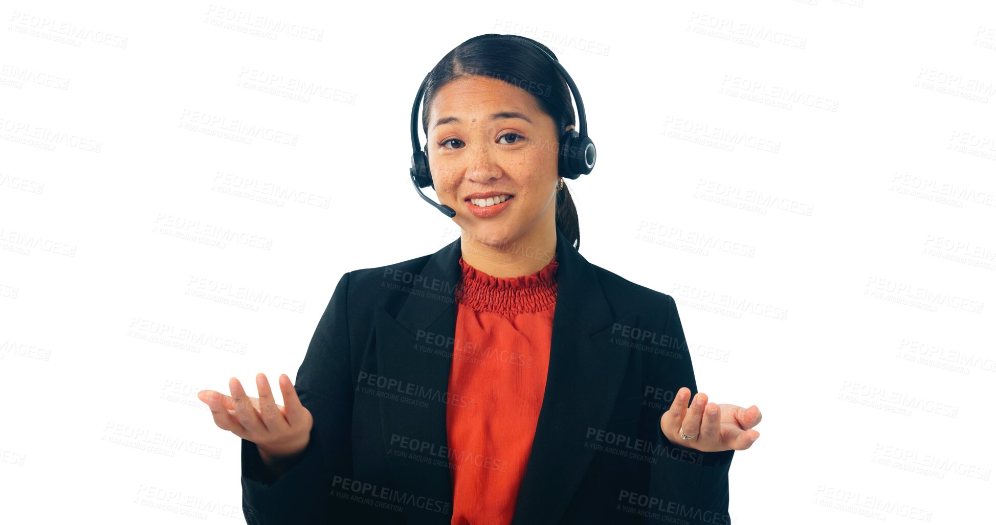 Buy stock photo Call center, portrait and happy Asian woman in customer service, support and CRM isolated on a transparent png background. Telemarketing, consultant and face of virtual assistant on mic for questions