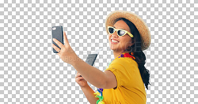 Buy stock photo Selfie, woman and travel with passport for holiday, summer and sunglasses with smile isolated on png transparent background. Excited for trip, adventure and memory for social media post or picture