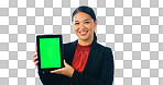 Portrait of business woman, green screen and tablet for advertising space, offer and mockup newsletter in studio. Happy asian worker show digital announcement, launch or promotion on white background