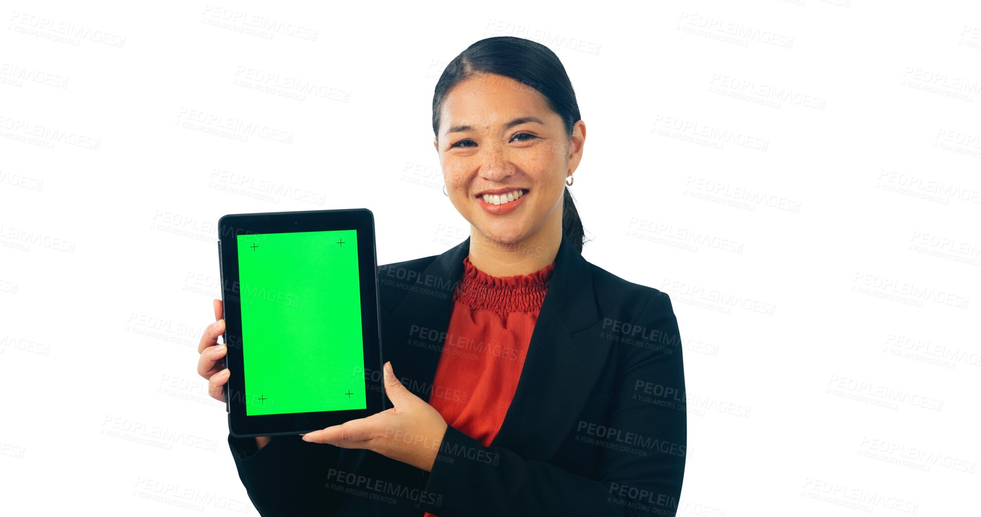 Buy stock photo Green screen, tablet and business woman in portrait, social media and isolated on transparent png background. Digital, presentation and asian female person with mockup space, info and announcement