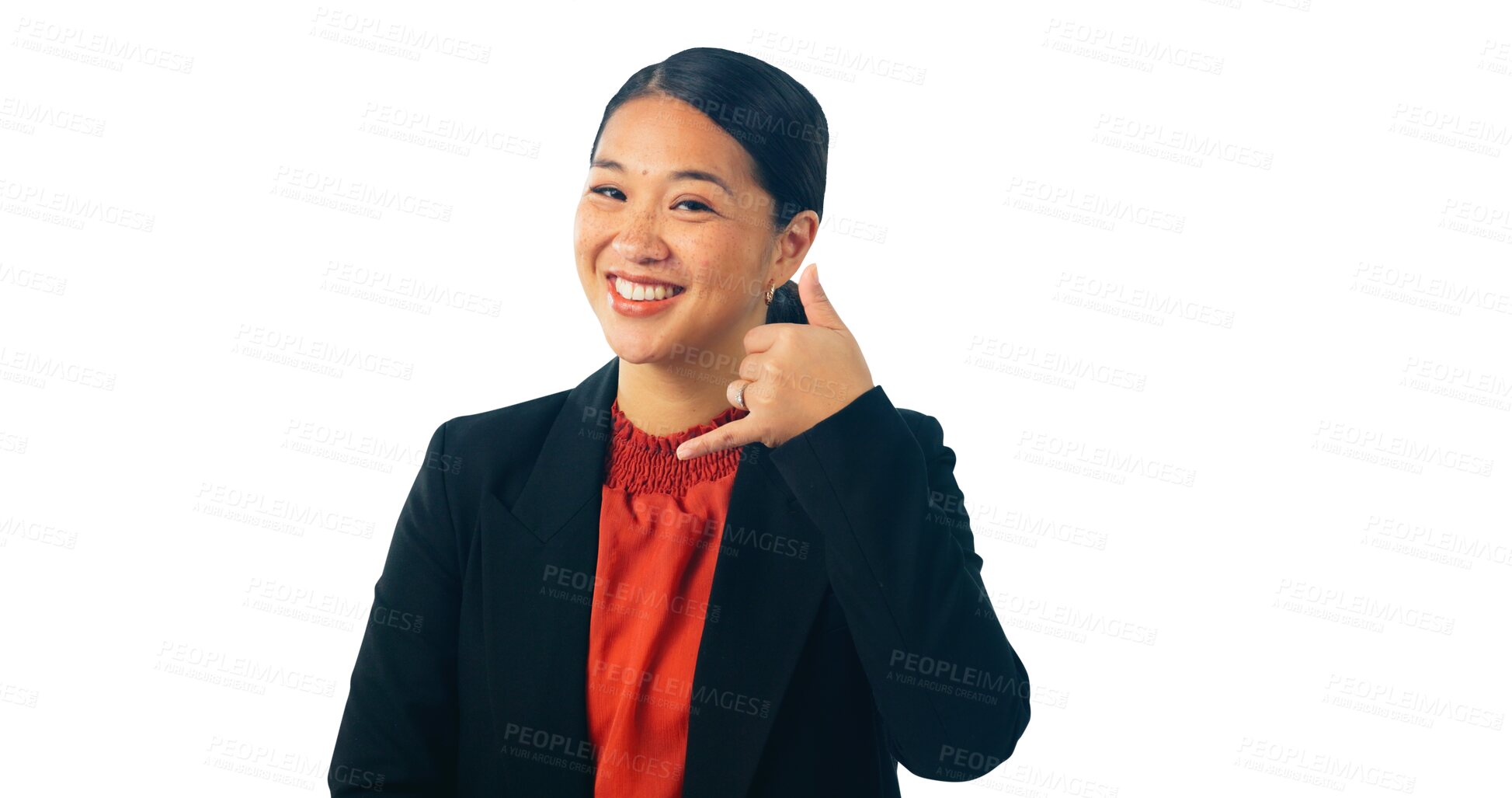 Buy stock photo Business woman, portrait and call me gesture for communication, promotion or connection. Asian person, face and hand for about us chat on isolate transparent png background, conversation or emoji