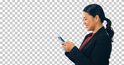 Buy stock photo Business woman, smartphone and social media, communication and networking for online mobile app. Employee, typing and texting for information, scrolling and isolated on a png transparent background
