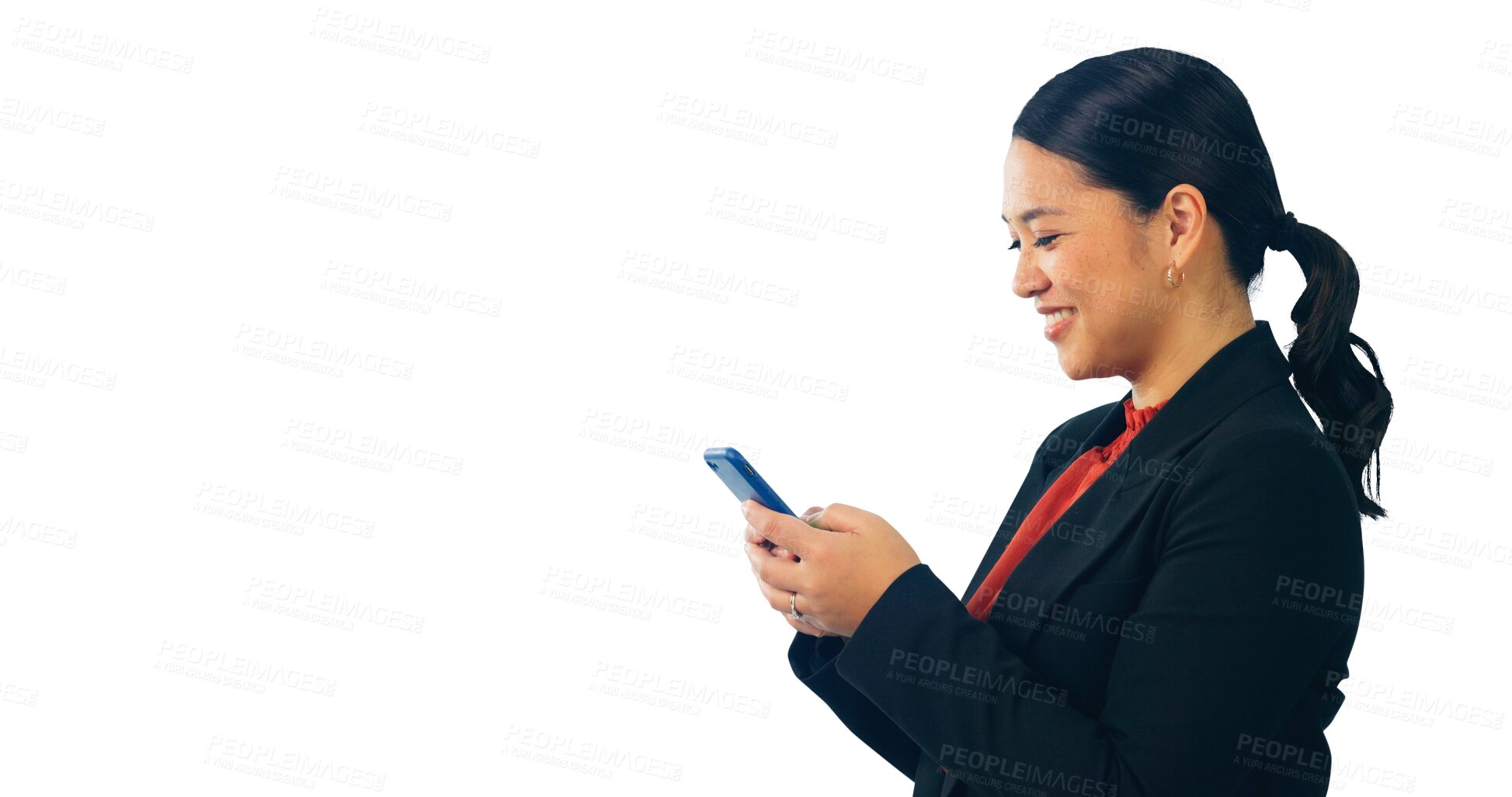 Buy stock photo Business woman, smartphone and social media, communication and networking for online mobile app. Employee, typing and texting for information, scrolling and isolated on a png transparent background
