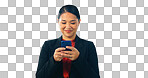 Asian lawyer woman, smartphone and studio with smile, reading or texting client with ideas by white background. Japanese advocate, attorney or corporate legal expert with phone, typing and networking