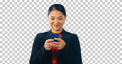 Buy stock photo Asian lawyer woman, smartphone and smile by isolated, transparent and png background to read or text client.  Japanese advocate, attorney and corporate legal expert with phone, typing and networking
