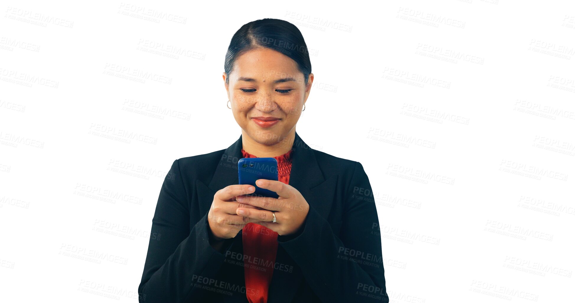 Buy stock photo Asian lawyer woman, smartphone and smile by isolated, transparent and png background to read or text client.  Japanese advocate, attorney and corporate legal expert with phone, typing and networking