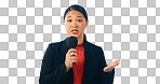 Asian presenter woman, microphone and tv news studio in portrait, opinion or info by white background. Japanese person, television network reporter or journalist for story, announcement or media job