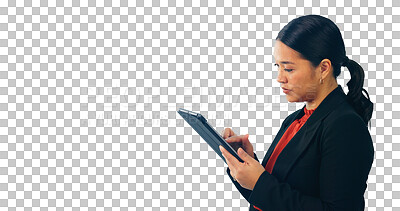 Buy stock photo Business woman, typing and online research on tablet on company website and connection on internet. Asian attorney, technology and touchscreen for networking or isolated on transparent png background