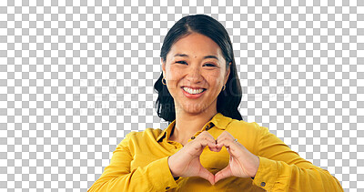 Buy stock photo Heart, hands and portrait of woman for support, vote and feedback or isolated on transparent png background. Asian female person, smile and love emoji for kindness, peace and gratitude or thank you