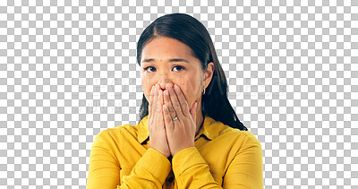Buy stock photo Portrait, shock and model with hands on mouth, horror and reaction to news information or report. Japanese 
woman, face or disappointment for gossip drama or isolated on a transparent png background