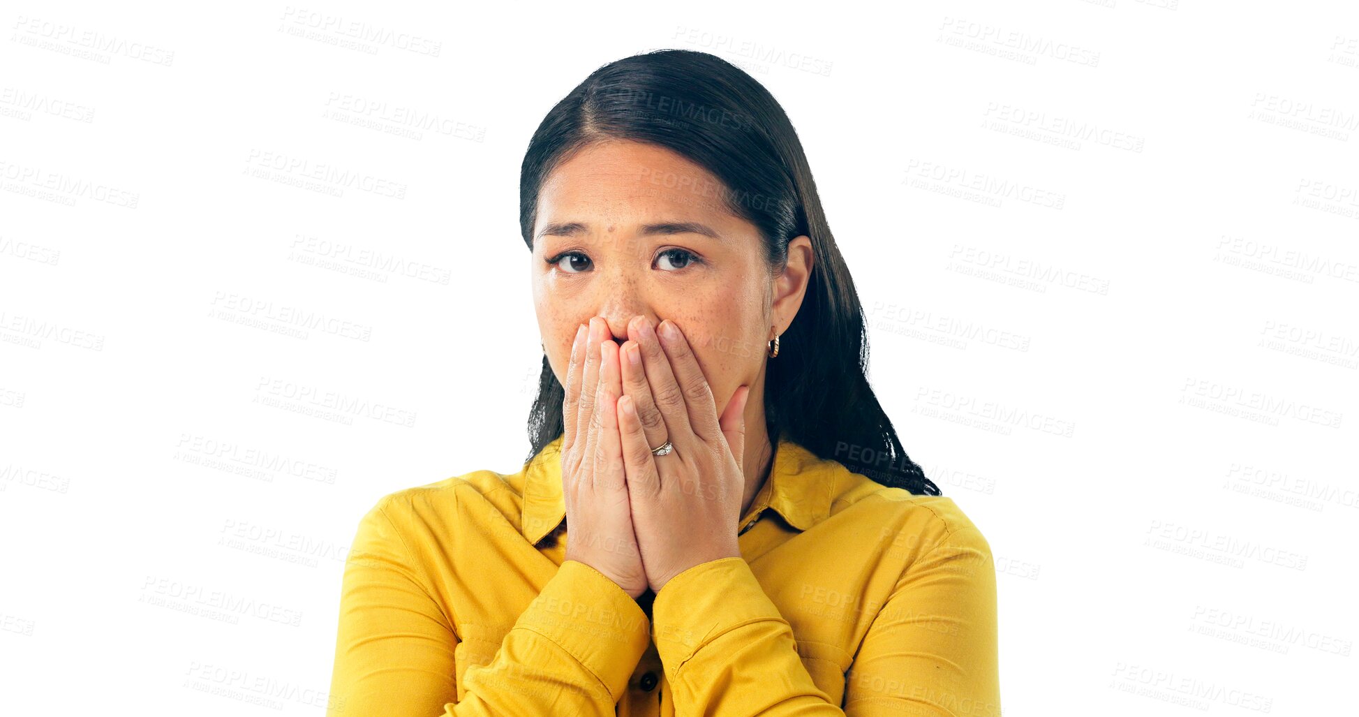 Buy stock photo Portrait, shock and model with hands on mouth, horror and reaction to news information or report. Japanese 
woman, face or disappointment for gossip drama or isolated on a transparent png background