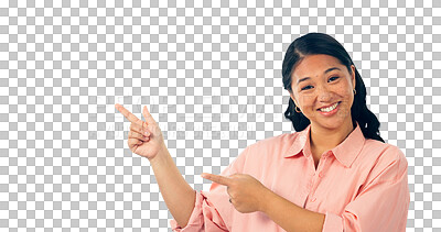 Buy stock photo Portrait, hand pointing up and happy woman with promotion for announcement and advertising presentation. Asian, model and face for marketing information and isolated on a transparent png background