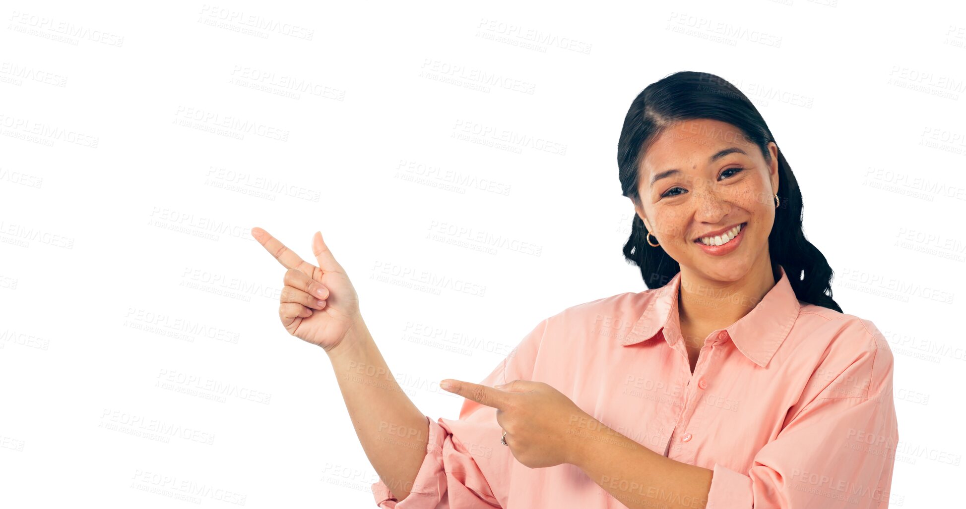 Buy stock photo Portrait, hand pointing up and happy woman with promotion for announcement and advertising presentation. Asian, model and face for marketing information and isolated on a transparent png background
