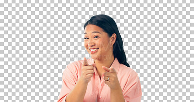 Buy stock photo Happy, portrait and asian woman with hands pointing, decision, job and selection or choice for recruitment. Japanese person, face or opportunity for hiring or isolated on a transparent png background