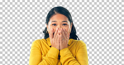 Buy stock photo Wow, surprise and woman with information, portrait and isolated on transparent png background. Asian female person, gossip and shock for drama, announcement and secret or deal, giveaway and promotion